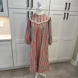 Vintage Lanz of Salzburg Red & Green Striped cotton nightgown Ruffle Collar S